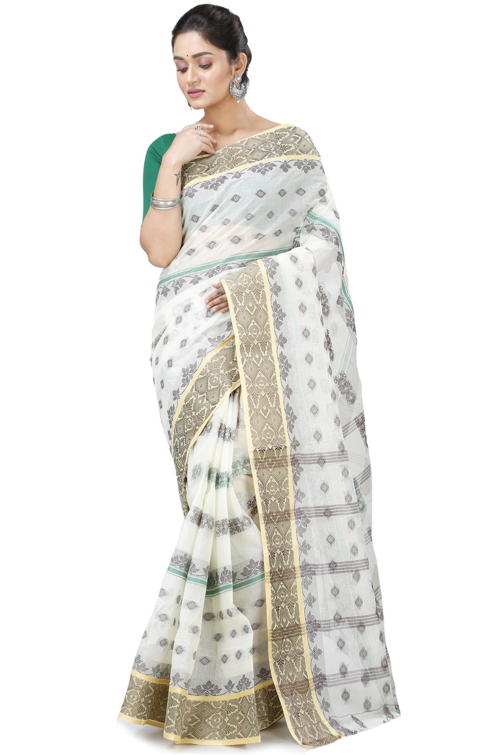 White Pure Cotton Ghusoon Tant Saree (949)